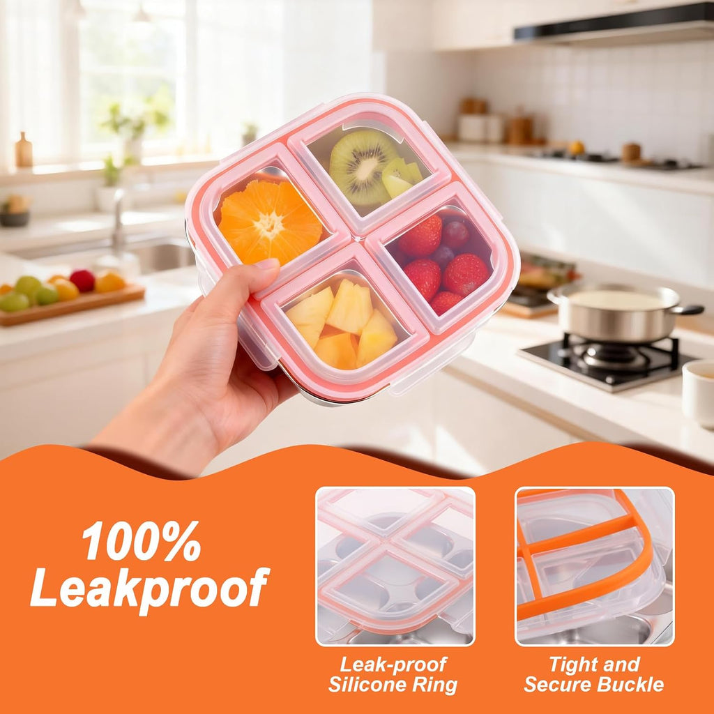 Snack Boxes with 4 Compartments, Reusable Stainless Steel Lunch Boxes for Kids and Adults, Leakproof Bento Boxes with Lids for Home Work (2 Pack)