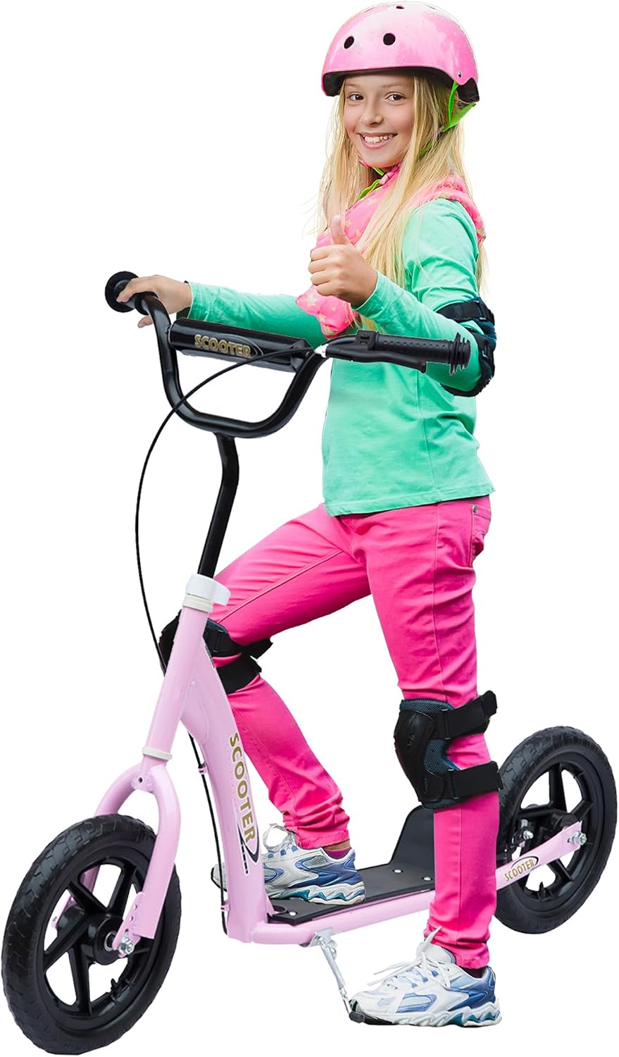 HOMCOM Scooter met banden, 30 cm, hoogte verstelbaar stuur, handgreep rem en standaard