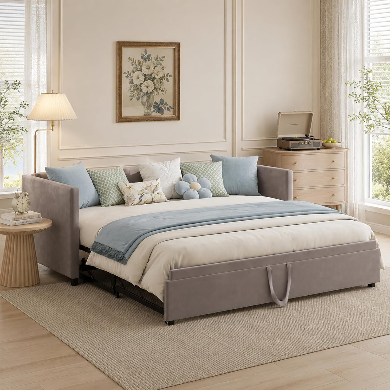 Canapé-Lit Convertible LKPOMI 2 Places — Velours Beige, Lit 180x200 cm