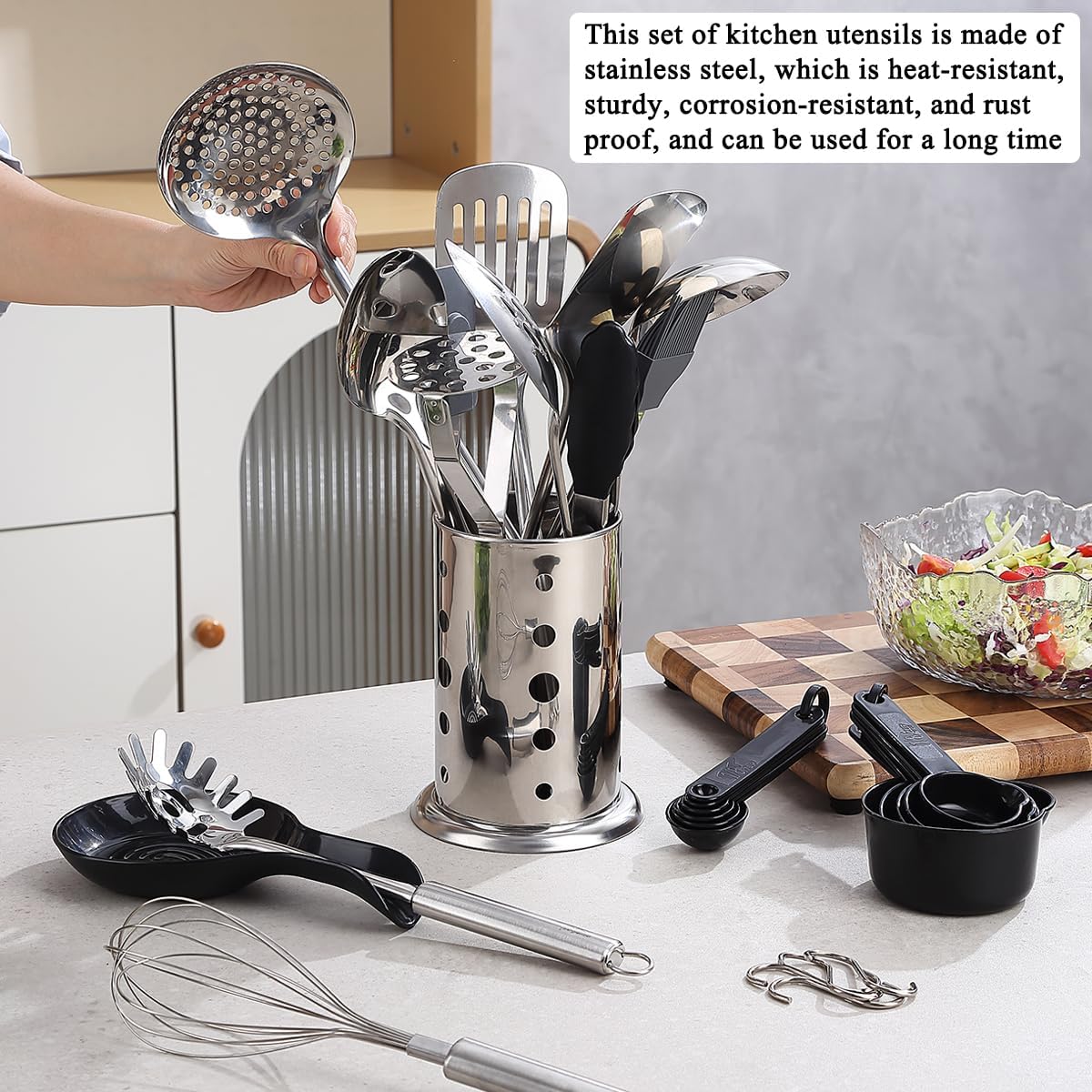 Set d'Ustensiles de Cuisine 39 Pièces ReaNea – Acier Inox, Porte-ustensiles Inclus, Lave-vaisselle