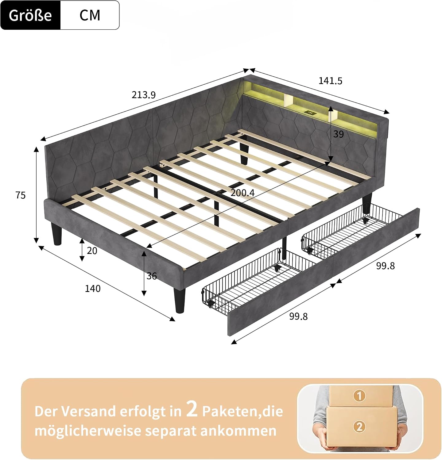 Canapé-Lit Convertible LKPOMI 2 Places — Velours Beige, Lit 180x200 cm