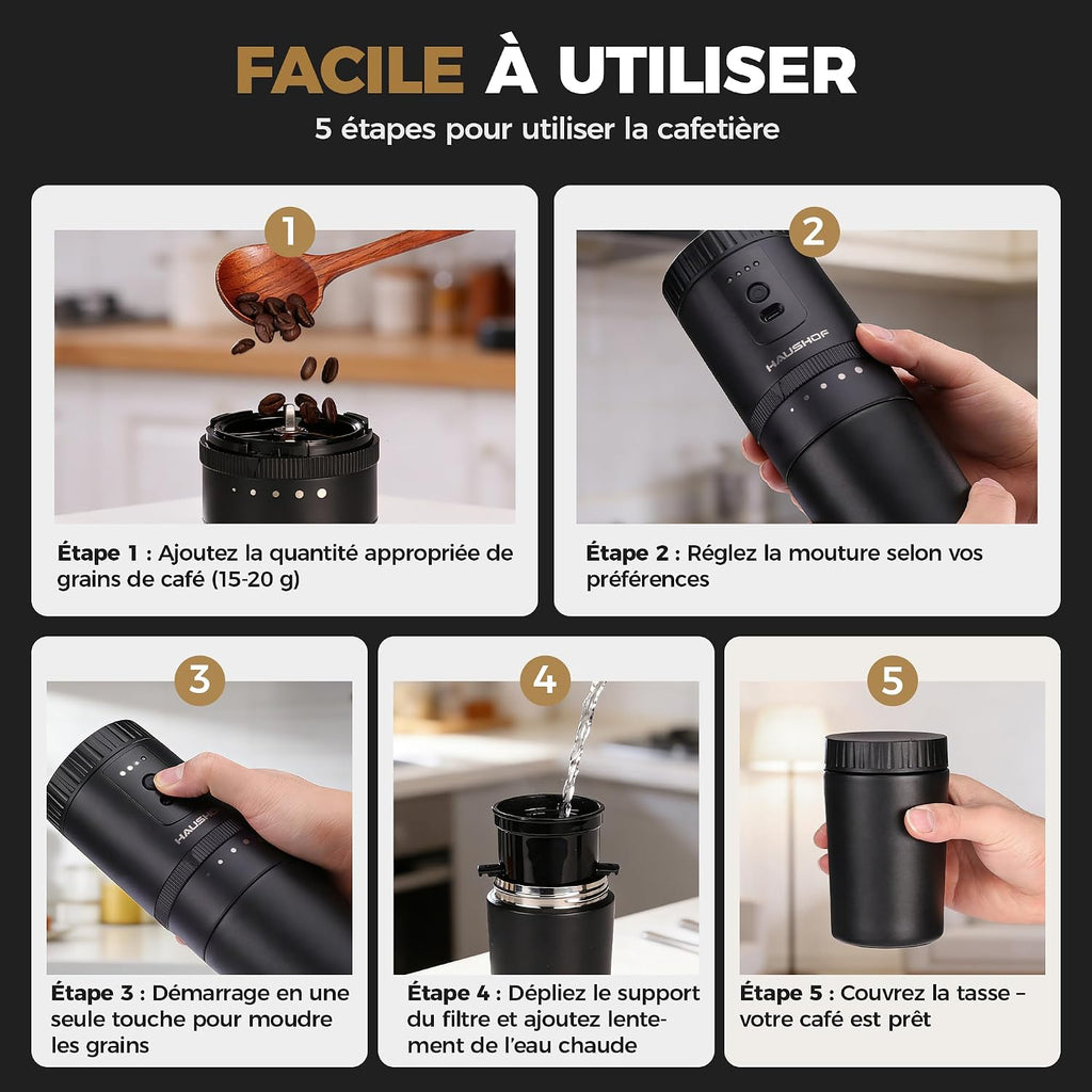 HAUSHOF Draagbare alles-in-één koffiezetapparaat met geïntegreerde molen, 5 maalinstellingen, USB-C oplaadbaar, 300 ml, ideaal voor reizen en kamperen, zwart
