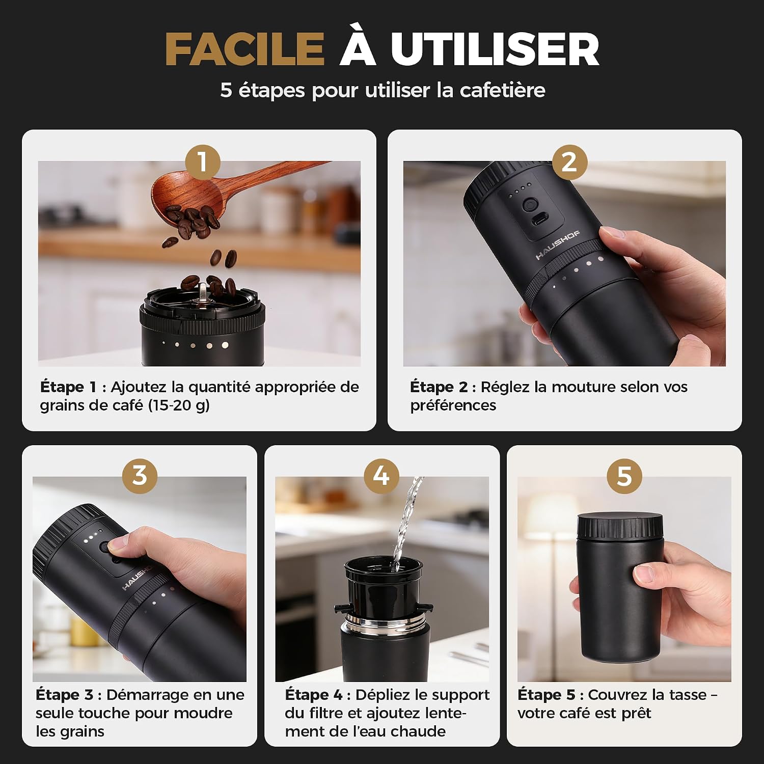HAUSHOF Draagbare alles-in-één koffiezetapparaat met geïntegreerde molen, 5 maalinstellingen, USB-C oplaadbaar, 300 ml, ideaal voor reizen en kamperen, zwart