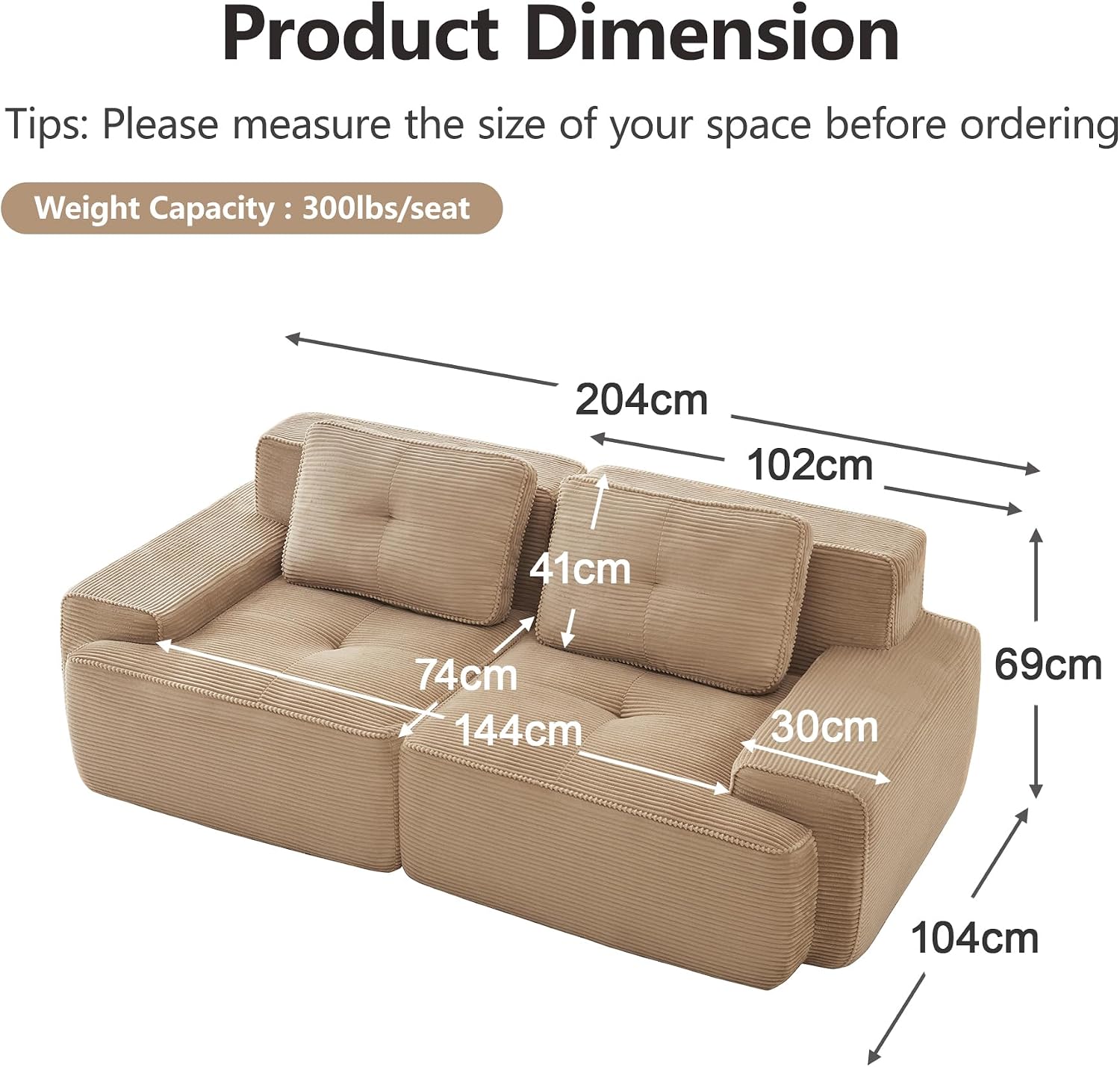 Canapé modulable en L Bladez – 3+1 places – Tissu côtelé kaki clair – Assise profonde