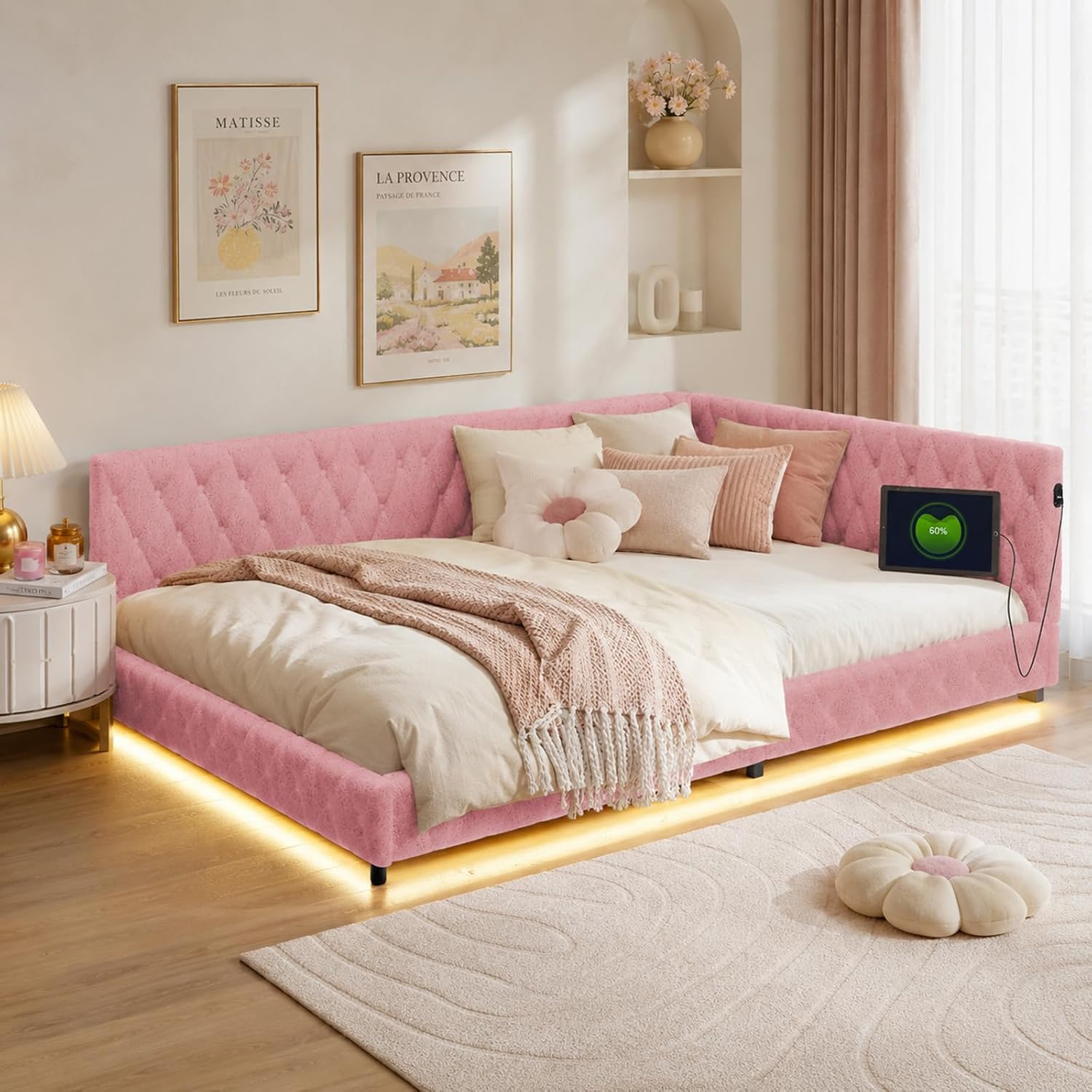 Canapé-Lit Convertible LKPOMI 2 Places — Velours Beige, Lit 180x200 cm