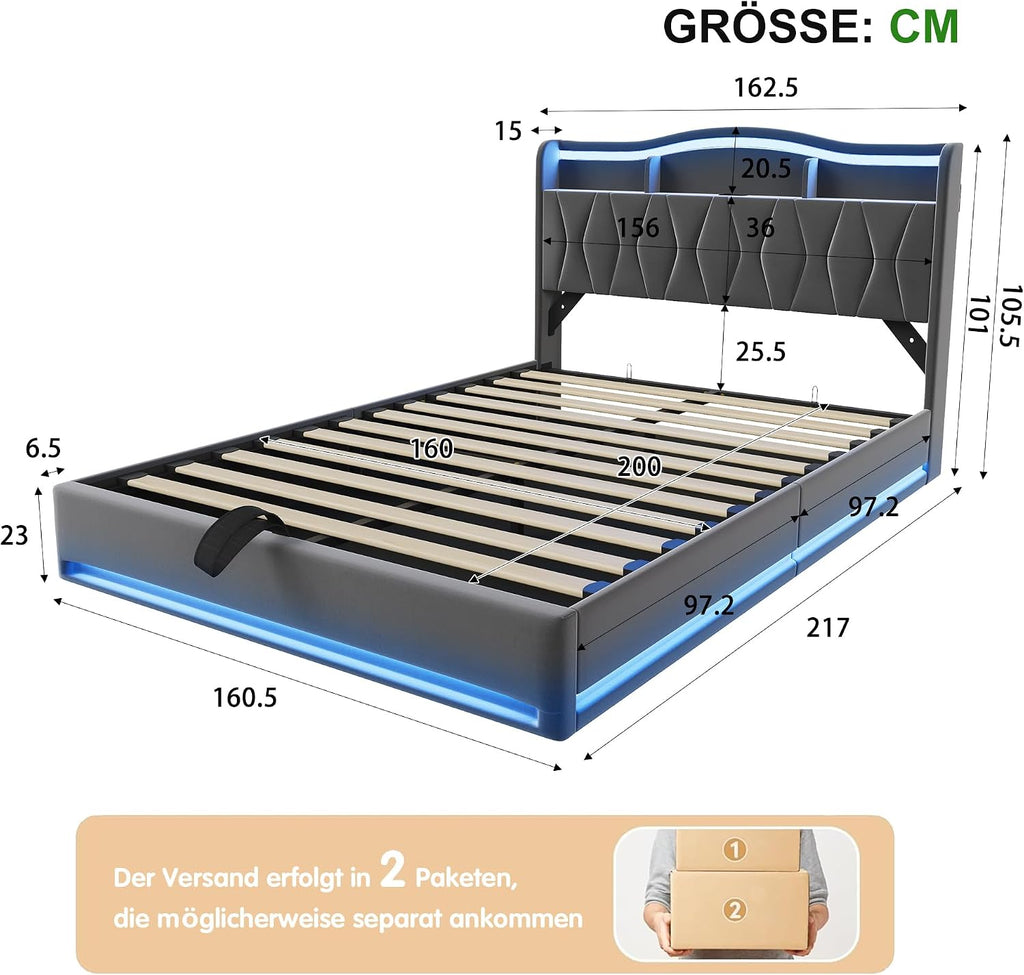Lit Coffre BRILVERDE | LED RGB & Port USB | Sommier à Lattes | Tissu Lin | 90 à 160 x 200 cm