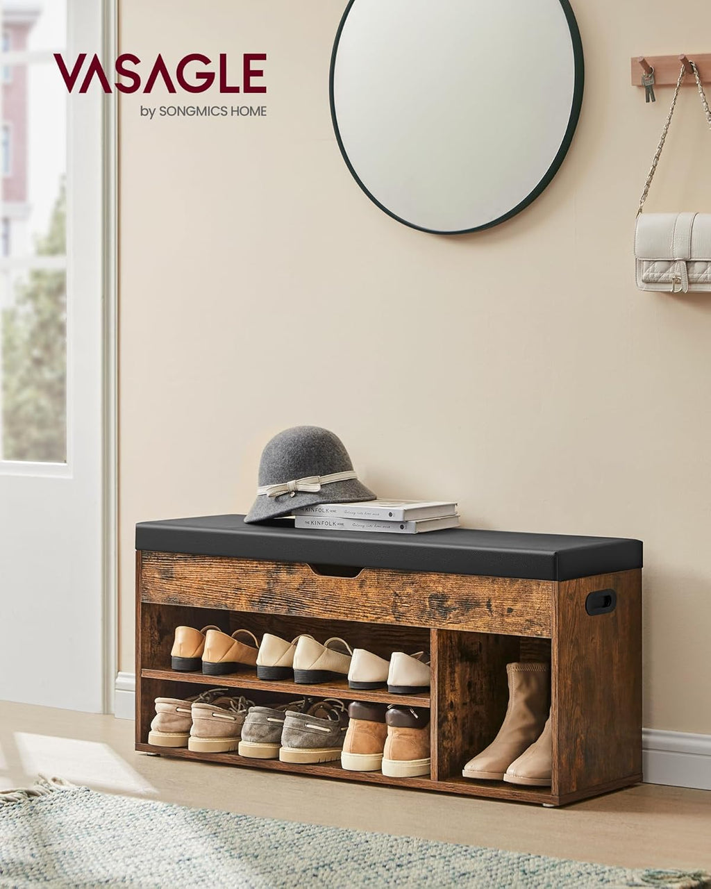 Banc à Chaussures Rembourré VASAGLE – Rangement 3 Compartiments, Style Vintage, 80 cm