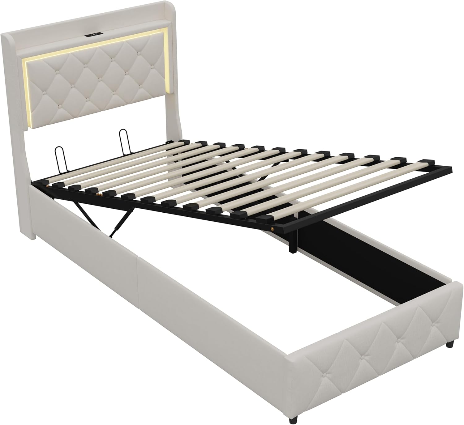 Lit Coffre Capitonné 140 x 200 cm – Tête de Lit Hydraulique & Sommier à Lattes – Flanelle Blanc Cassé