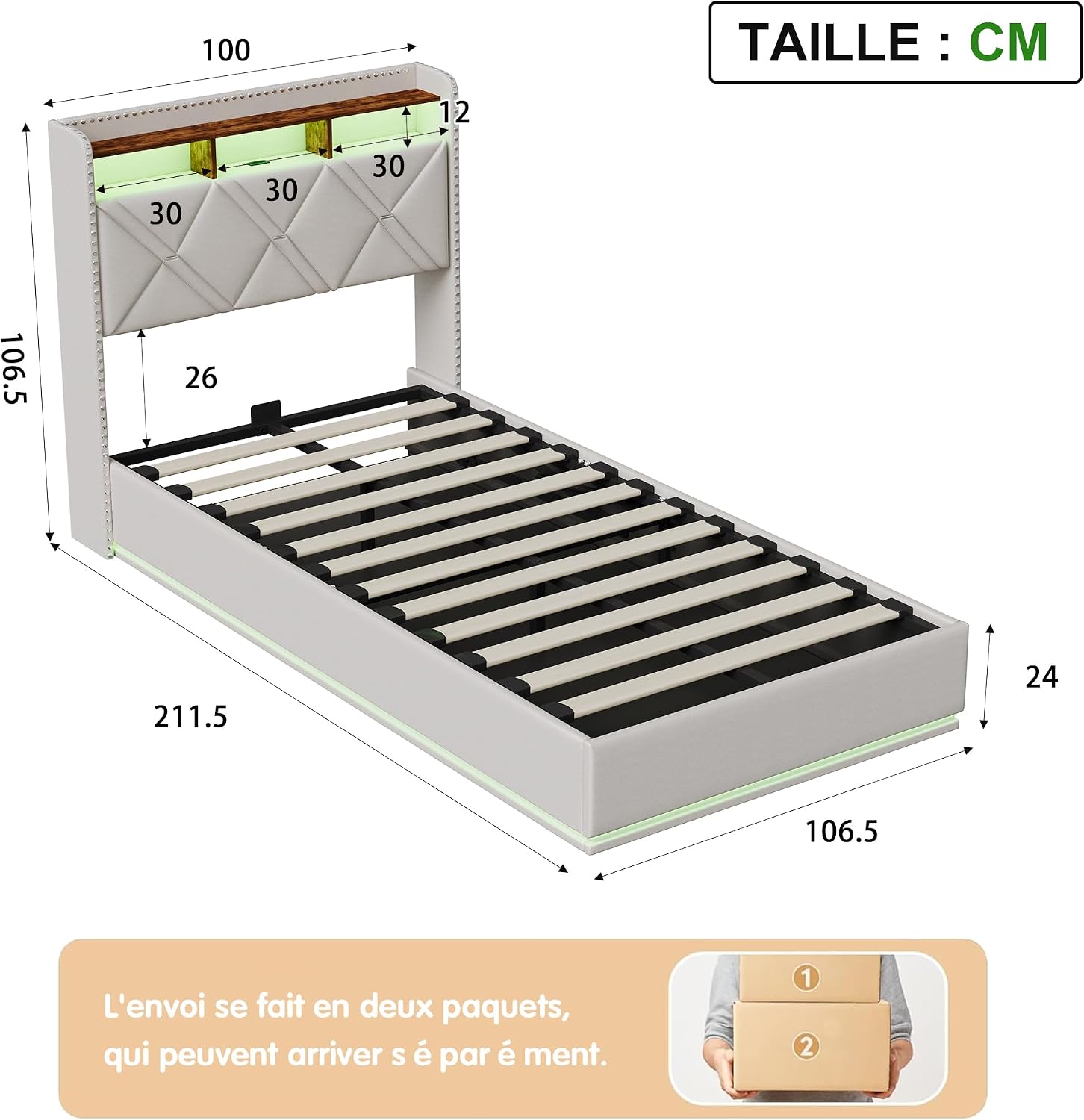 Lit Coffre 90x200 cm – Tête de Lit Rangement, Éclairage LED 16 Couleurs & Ports USB/USB-C