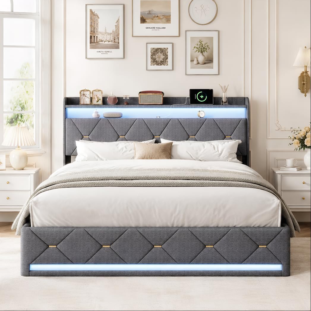 Lit Coffre BRILVERDE | LED RGB & Port USB | Sommier à Lattes | Tissu Lin | 90 à 160 x 200 cm