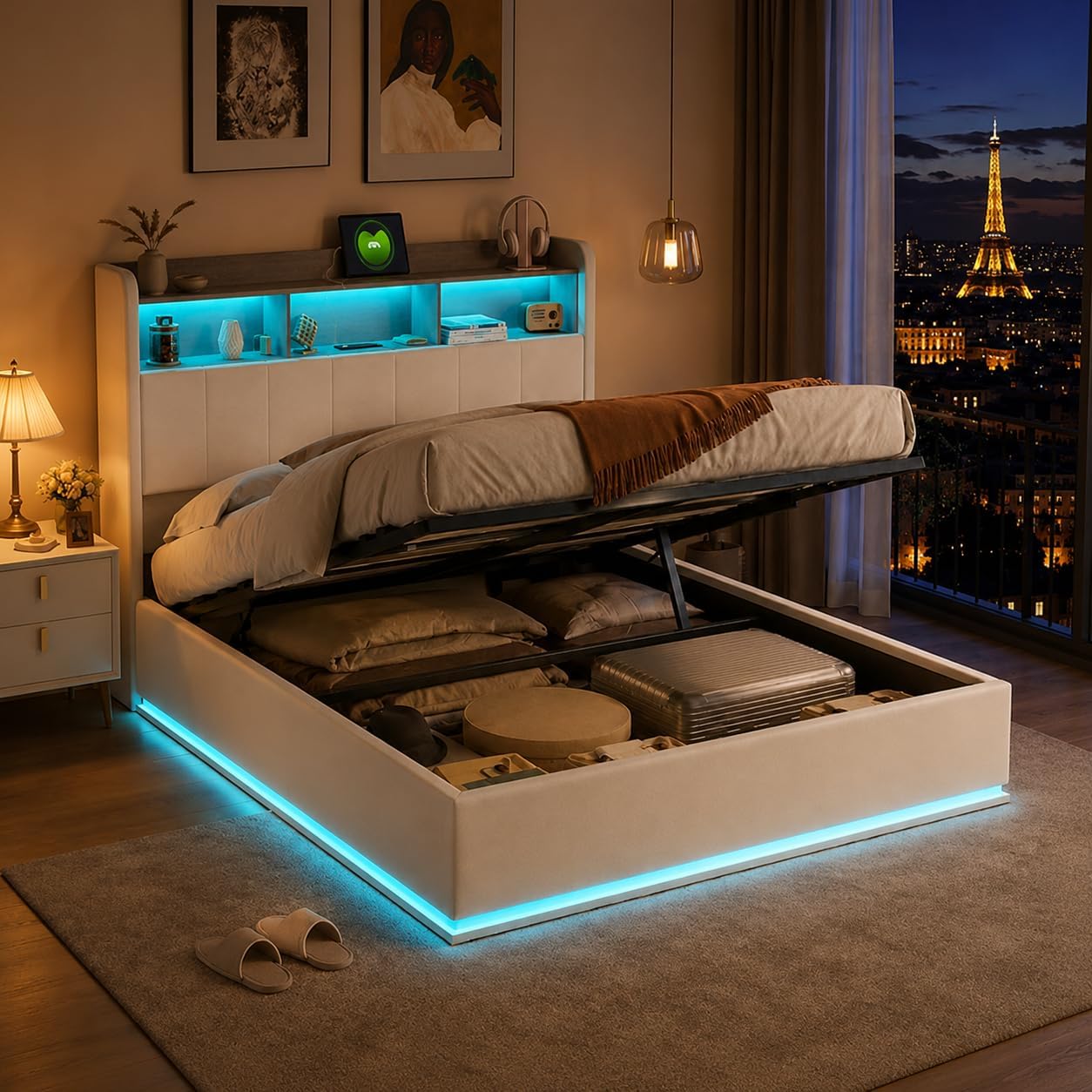 Lit Coffre LED RGB & Port USB | Rangement Hydraulique | Tête de Lit Rembourrée avec Étagères | 90 à 160 x 200 cm