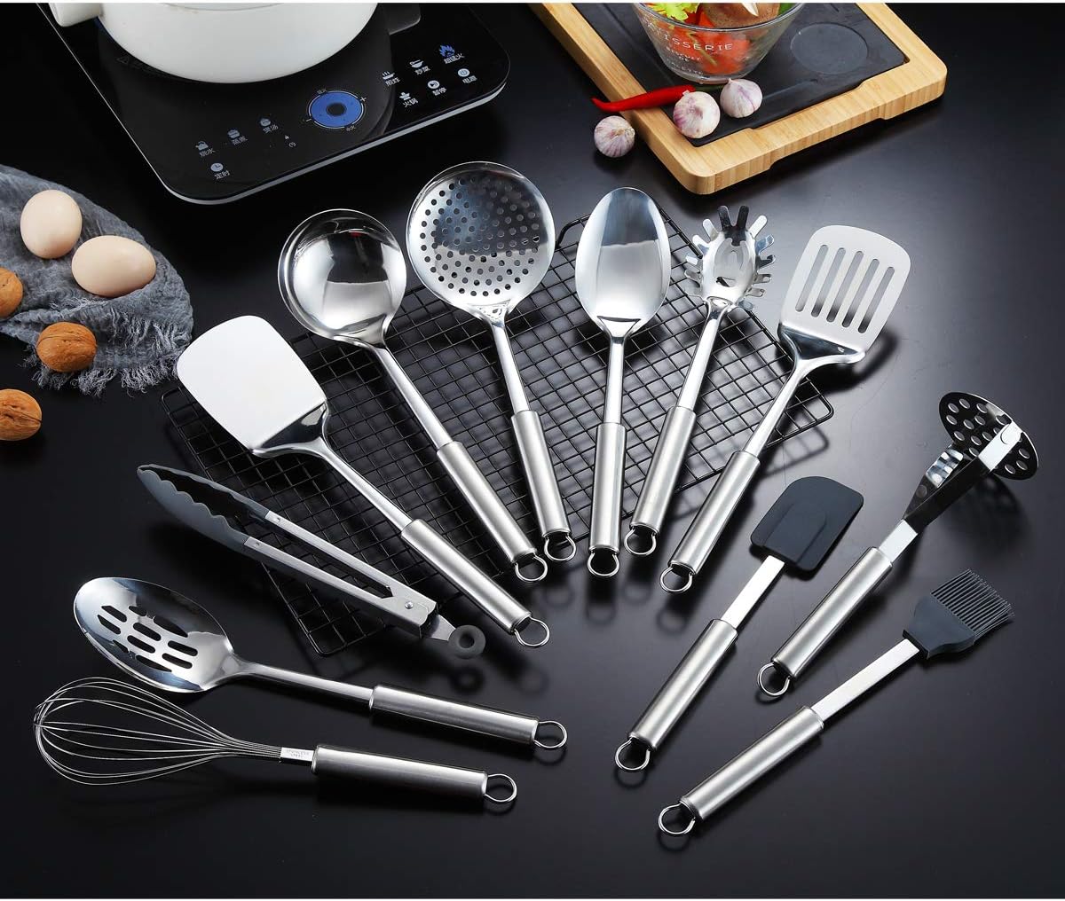 Set d'Ustensiles de Cuisine Berglander 13 Pièces — Inox Poli Miroir avec Support