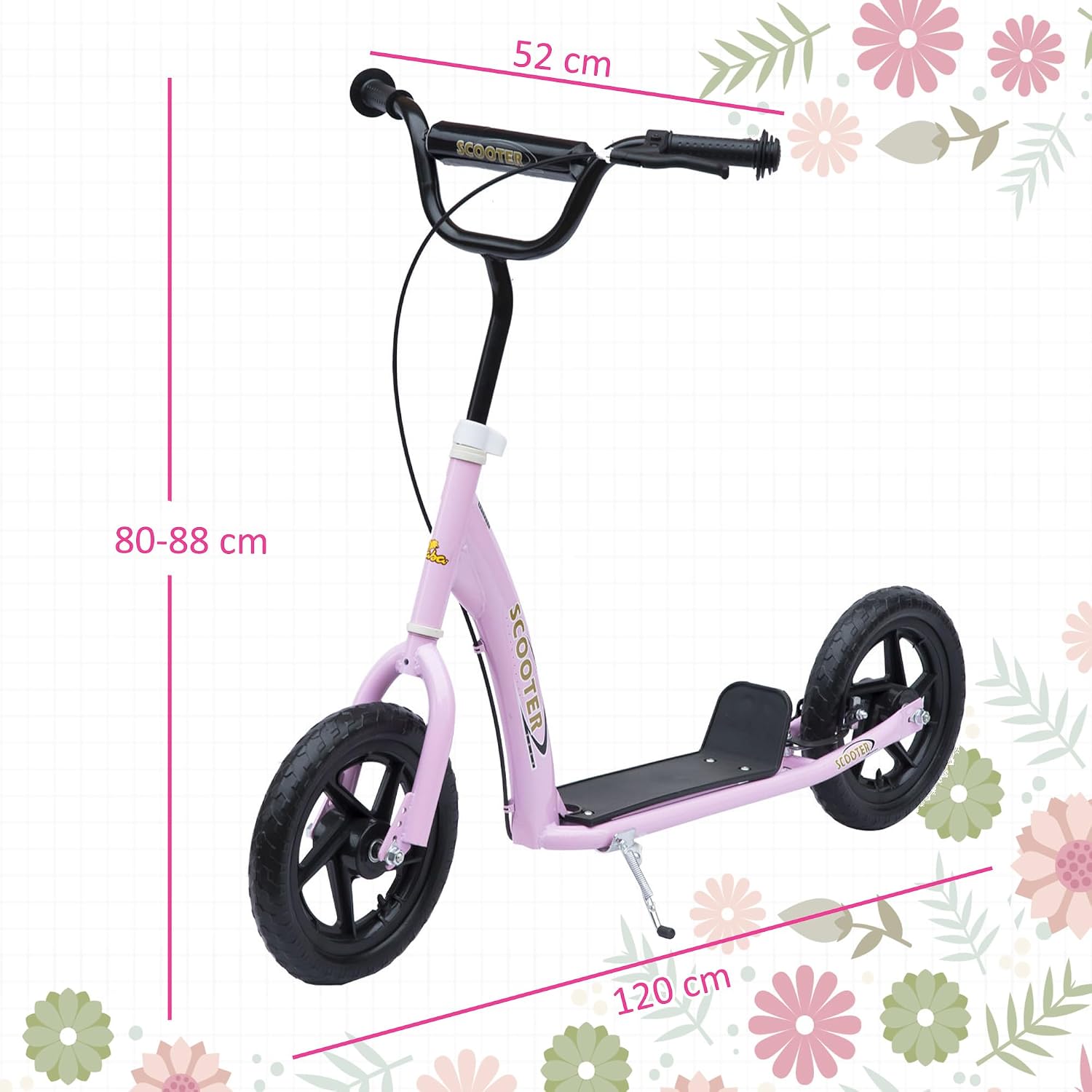 HOMCOM Scooter met banden, 30 cm, hoogte verstelbaar stuur, handgreep rem en standaard
