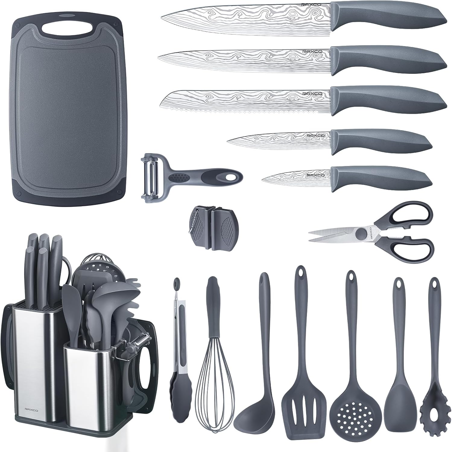 Set de Cuisine RAXCO 18 Pièces — 5 Couteaux Inox + 7 Spatules Silicone + Bloc