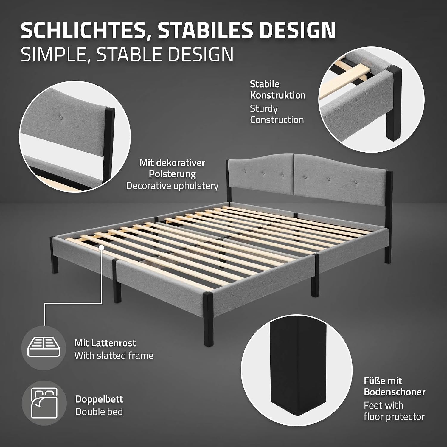 Lit Rembourré ML-Design | Cadre en Acier, Sommier à Lattes, Tête de Lit | Tissu Lin Beige ou Gris | 90/140/160/180 x 200 cm