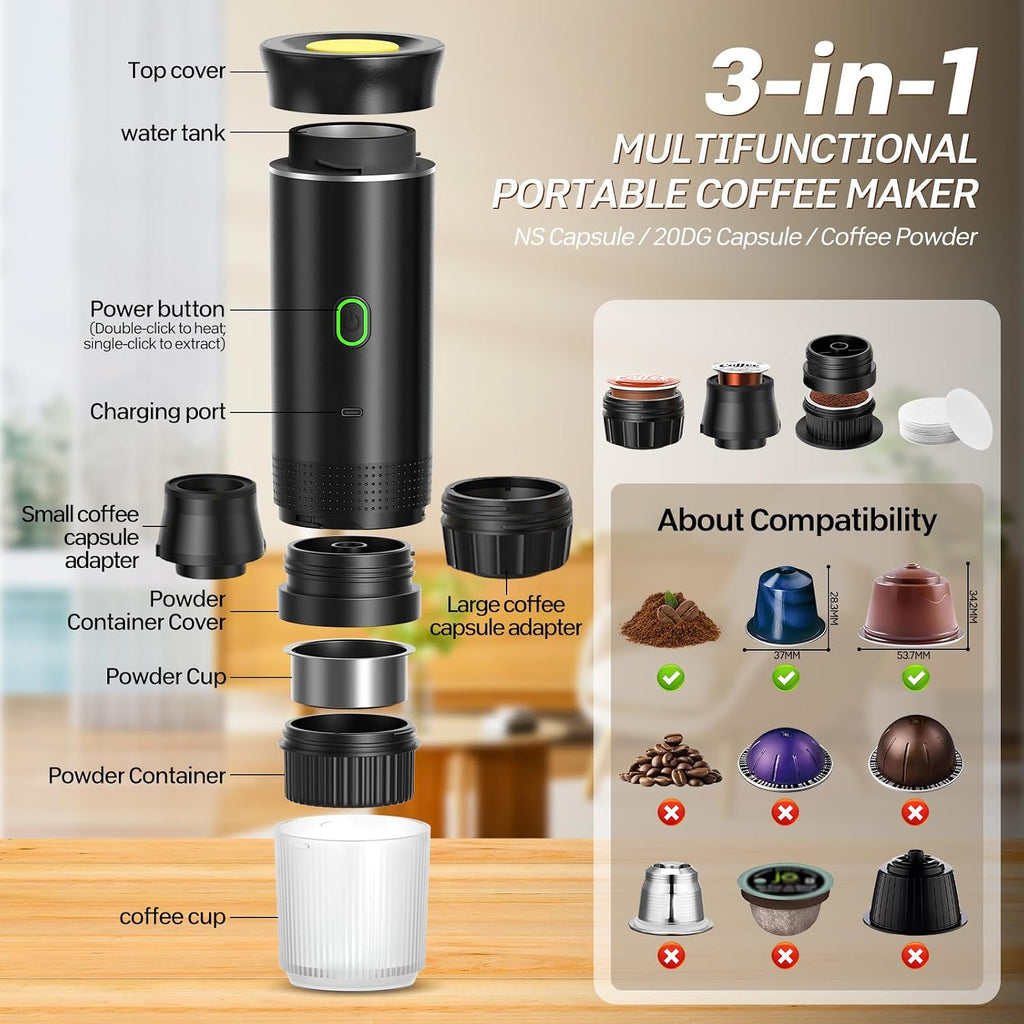 VHV Draagbaar koffiezetapparaat voor reizen, snelle verwarming, 3-in-1, draagbaar, 12 V, automatische verwarming van 4 tot 6 minuten, grote capsules, gemalen koffie, voor camping, kantoor, thuis