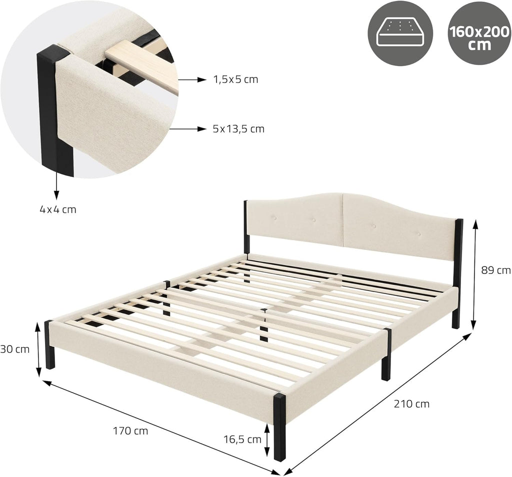 Lit Rembourré ML-Design | Cadre en Acier, Sommier à Lattes, Tête de Lit | Tissu Lin Beige ou Gris | 90/140/160/180 x 200 cm