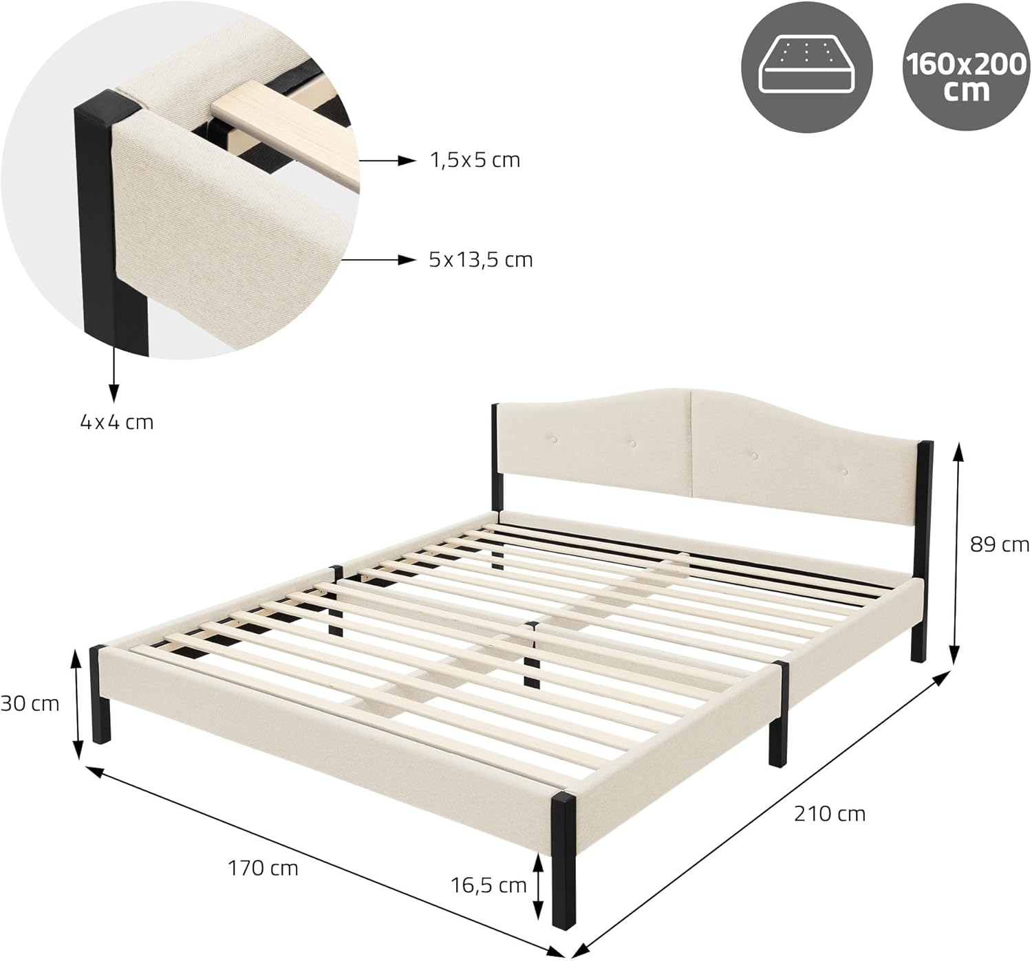Lit Rembourré ML-Design | Cadre en Acier, Sommier à Lattes, Tête de Lit | Tissu Lin Beige ou Gris | 90/140/160/180 x 200 cm