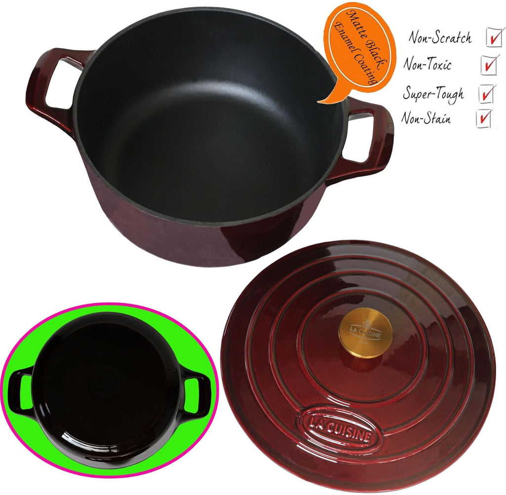 Cocotte Ovale en Fonte Émaillée La Cuisine – 5 L, Canneberge, Bouton Doré, Induction