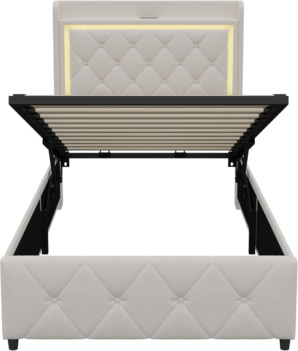 Lit Coffre Capitonné 140 x 200 cm – Tête de Lit Hydraulique & Sommier à Lattes – Flanelle Blanc Cassé