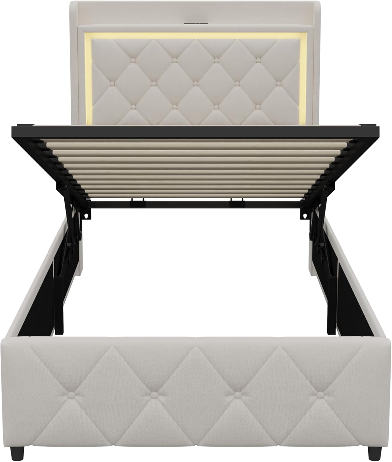 Lit Coffre Capitonné 140 x 200 cm – Tête de Lit Hydraulique & Sommier à Lattes – Flanelle Blanc Cassé