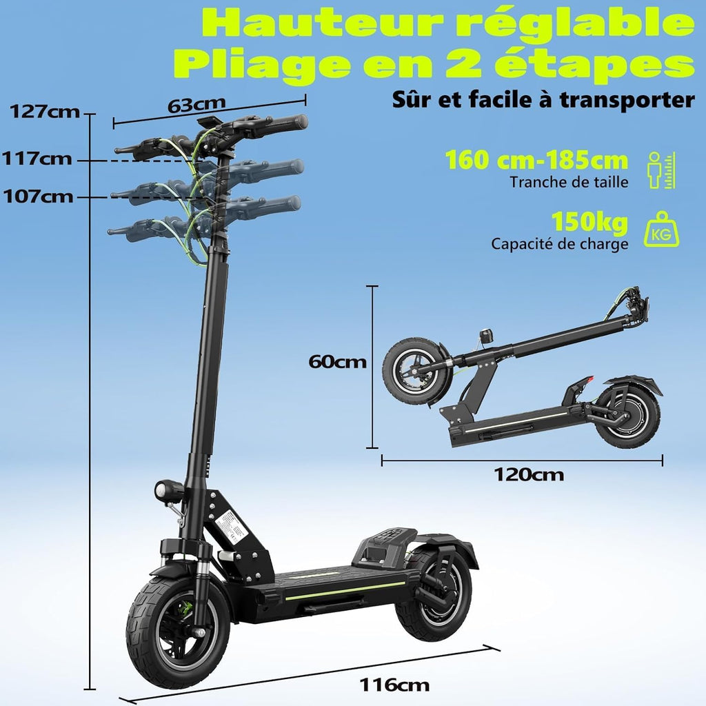TODIMART D5 Elektrische step voor volwassenen, motor 500 W, nominaal, bereik 40 km, 3 snelheden, 25,4 cm luchtbanden, elektrische scooter, dubbele schijfremmen, maximale belasting 150 kg