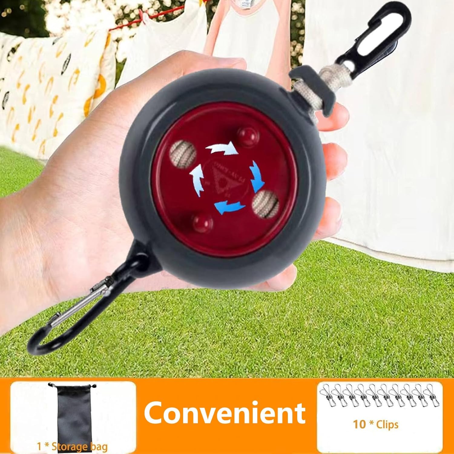 Intrekbare waslijn voor camping, outdoor, reizen, 10 m, met 10 winddichte wasknijpers