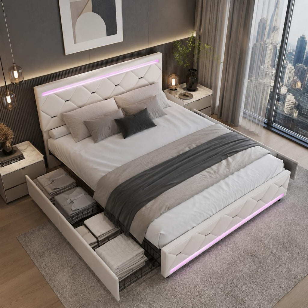 Lit Double 140x200 cm – 4 Tiroirs de Rangement, Éclairage LED +6000 Couleurs & Tête de Lit Réglable en PU