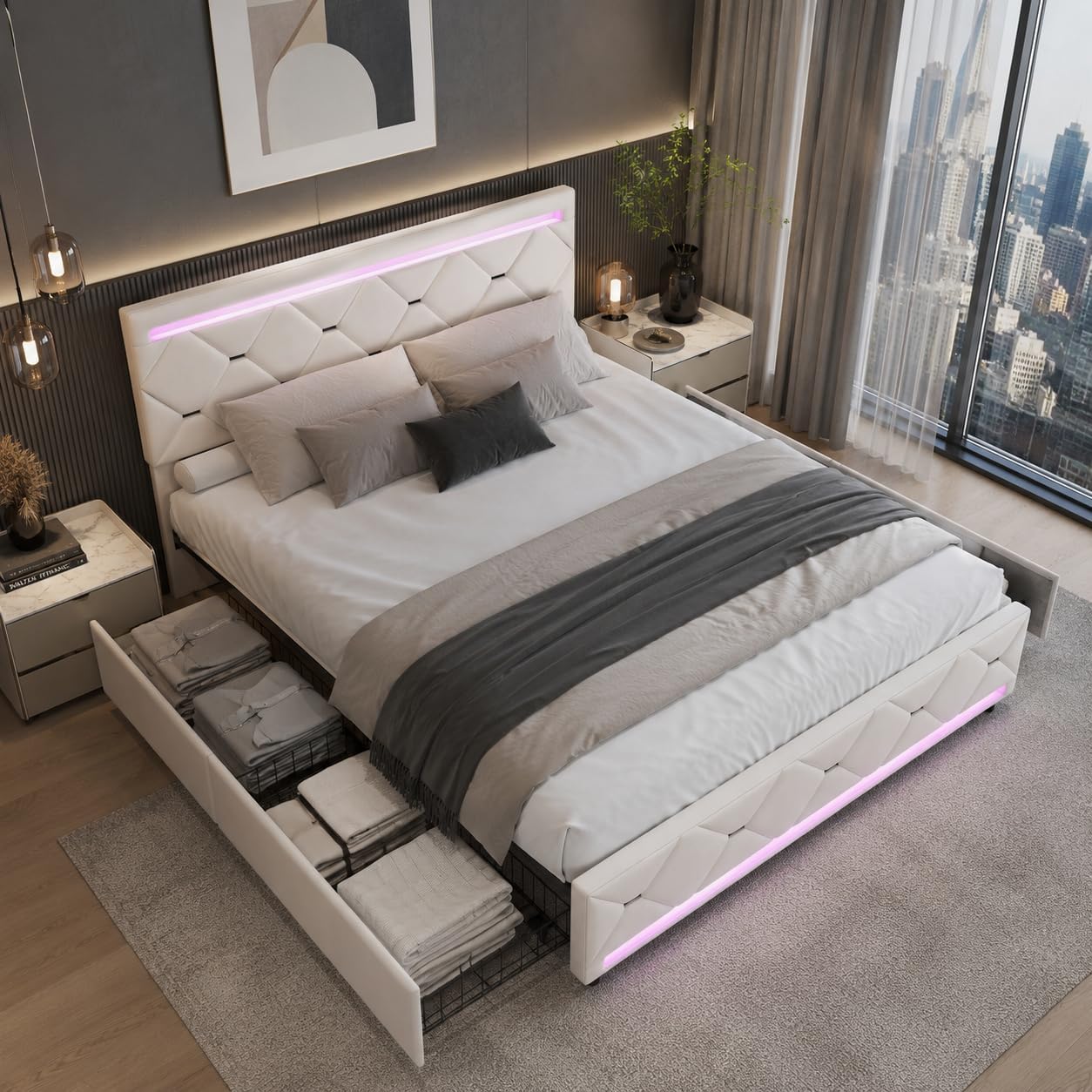 Lit Double 140x200 cm – 4 Tiroirs de Rangement, Éclairage LED +6000 Couleurs & Tête de Lit Réglable en PU