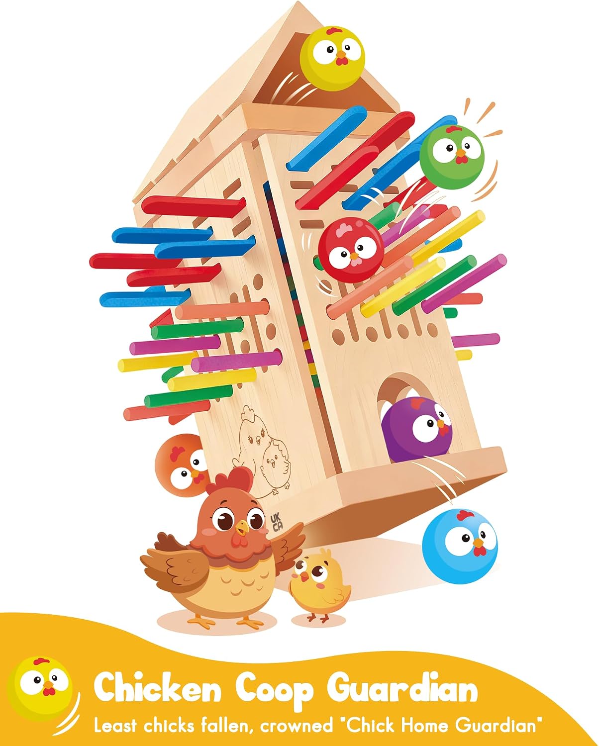 Wooden Board Game for Children 3-6 Years - Chicken Coop Game with Dice, Sticks and Chick Ball - Family Game Balance and Concentration - Boy Girl Birthday Gift