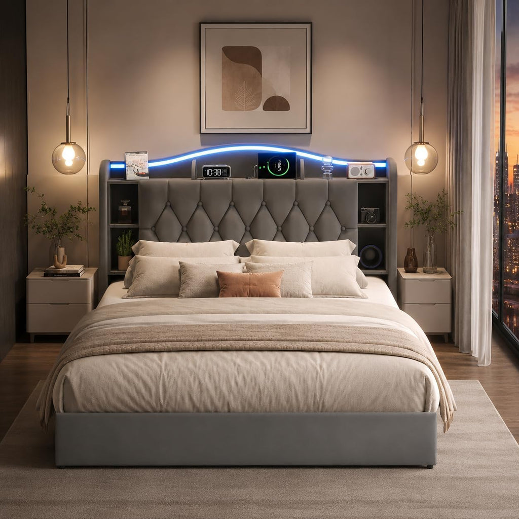 Lit Coffre BRILVERDE | LED RGB & Port USB | Sommier à Lattes | Tissu Lin | 90 à 160 x 200 cm