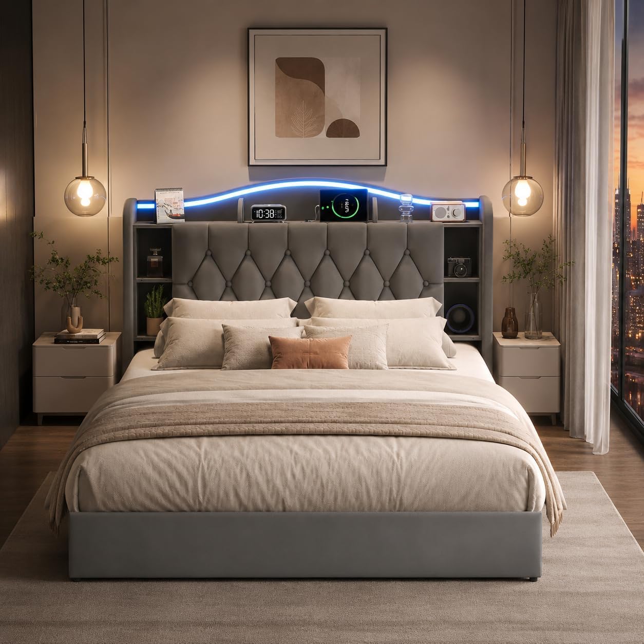 Lit Coffre BRILVERDE | LED RGB & Port USB | Sommier à Lattes | Tissu Lin | 90 à 160 x 200 cm