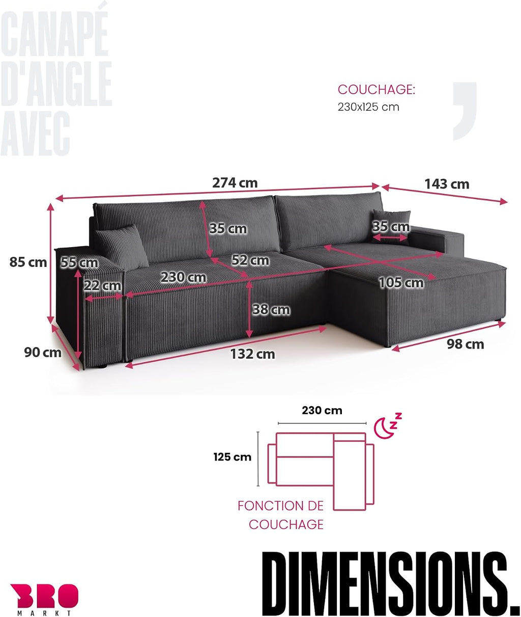 Canapé d'angle convertible BROMARKT ADI XL – 3 places – Velours côtelé vanille – Coffre de rangement