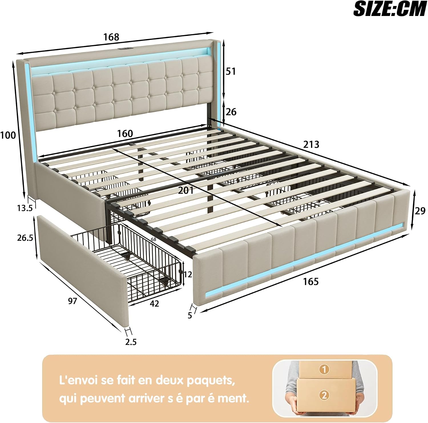 Lit Double 140x200 cm – 4 Tiroirs de Rangement, Éclairage LED +6000 Couleurs & Tête de Lit Réglable en PU