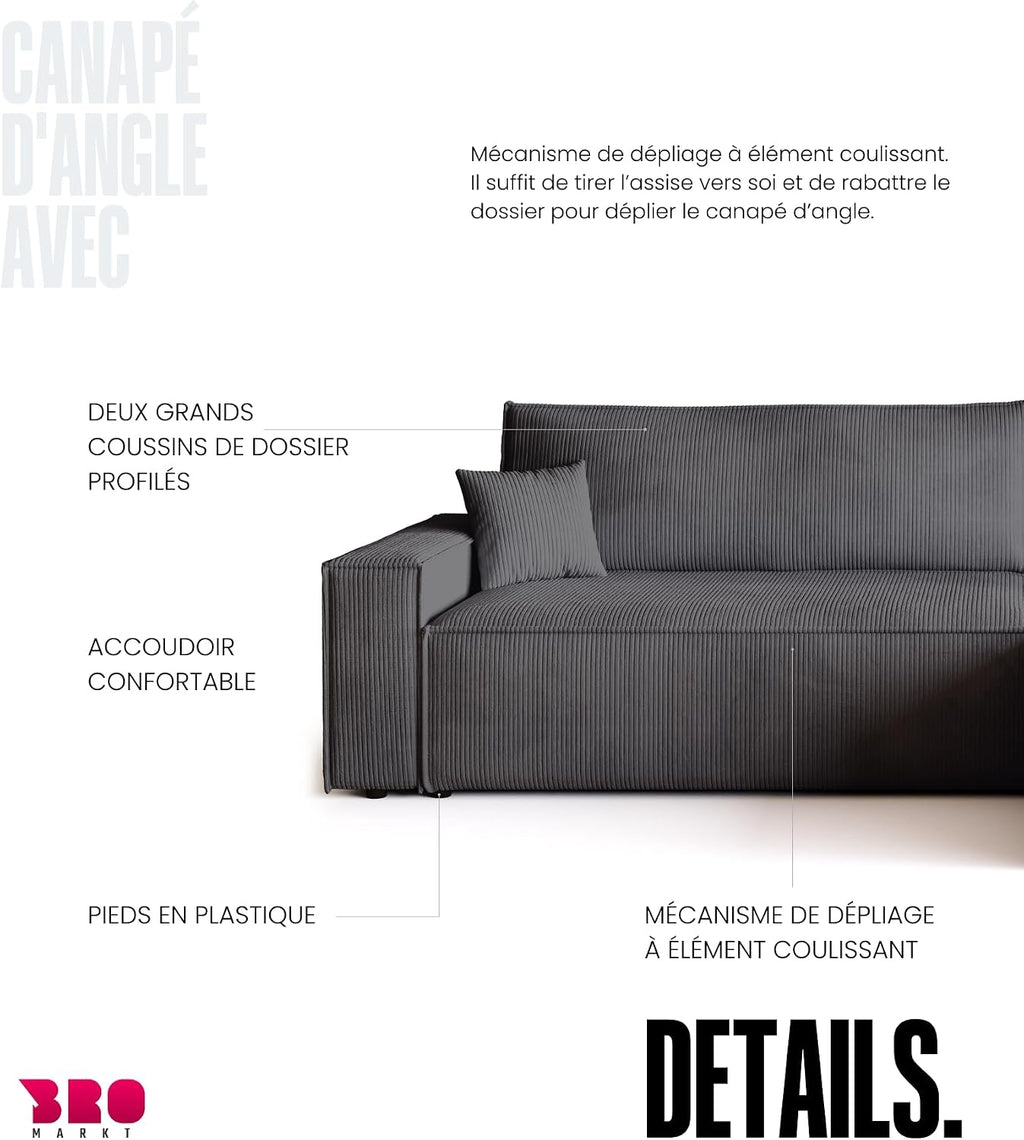 Canapé d'angle convertible BROMARKT ADI XL – 3 places – Velours côtelé vanille – Coffre de rangement