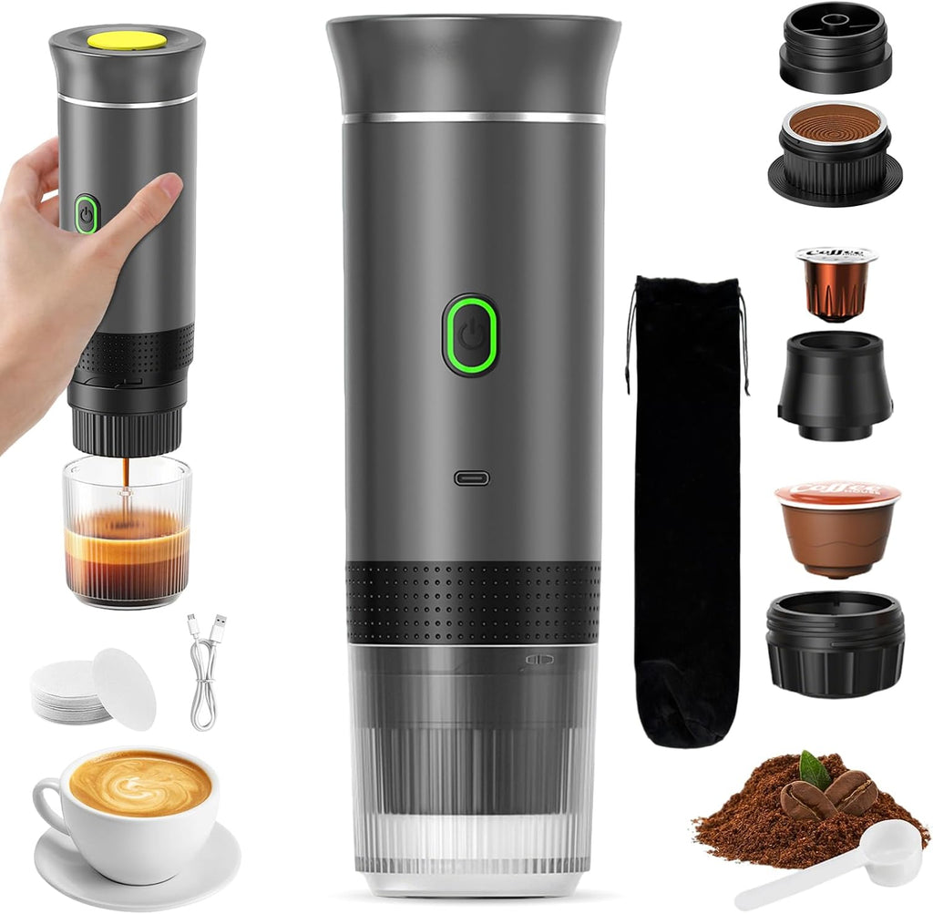 VHV Draagbaar koffiezetapparaat voor reizen, snelle verwarming, 3-in-1, draagbaar, 12 V, automatische verwarming van 4 tot 6 minuten, grote capsules, gemalen koffie, voor camping, kantoor, thuis