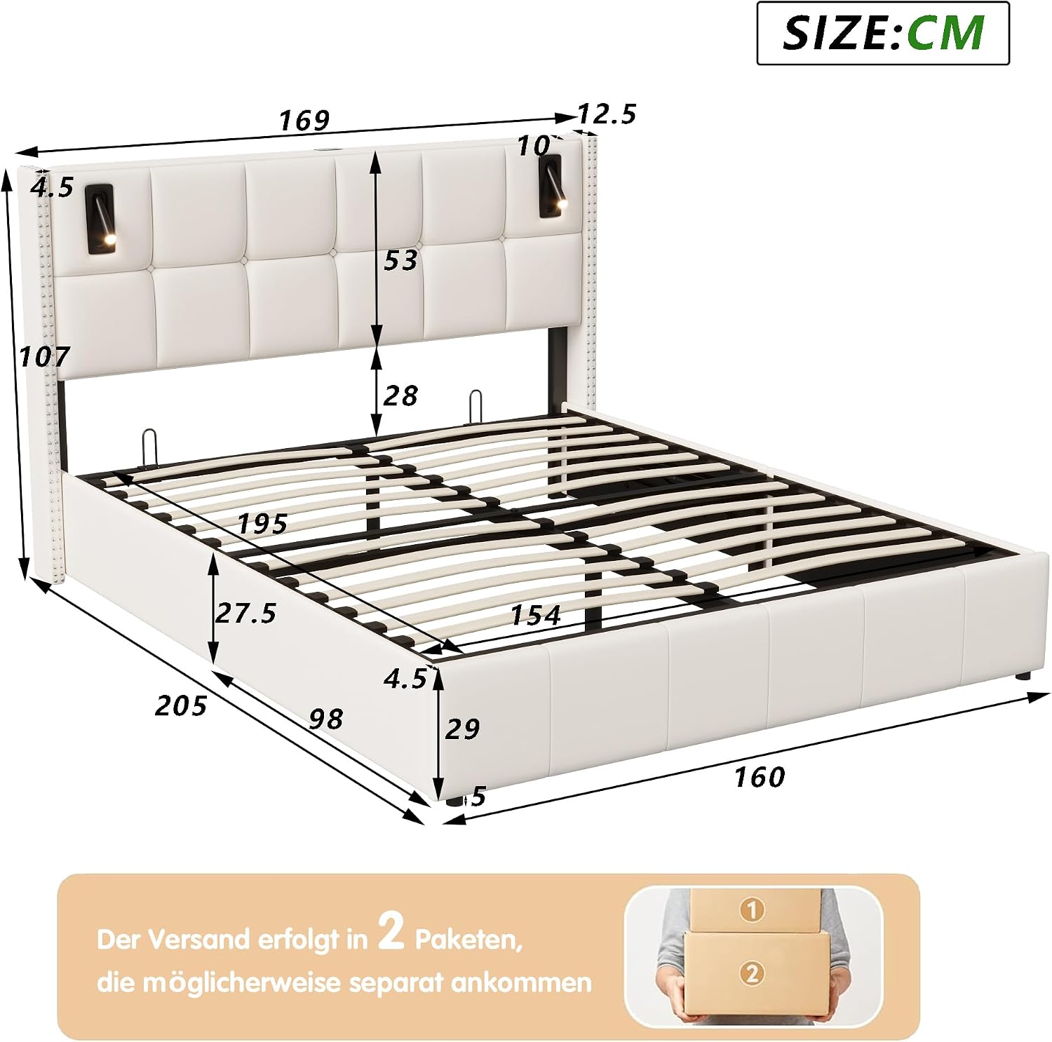 Lit Coffre Capitonné 140 x 200 cm – Tête de Lit Hydraulique & Sommier à Lattes – Flanelle Blanc Cassé