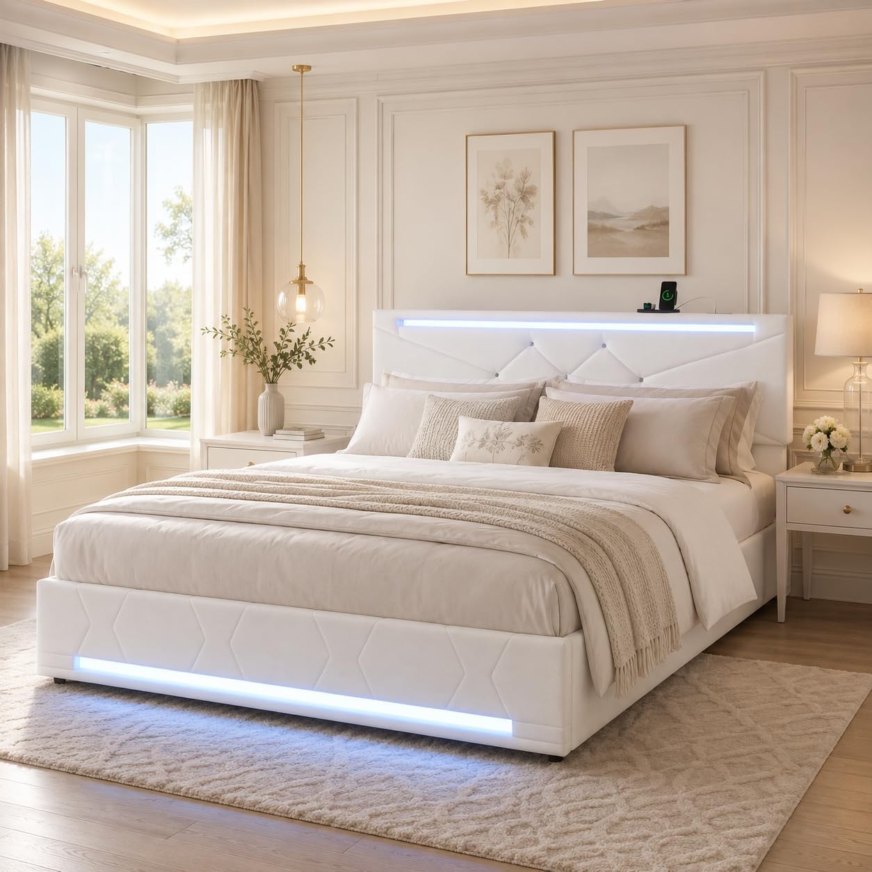 Lit Coffre BRILVERDE | LED RGB & Port USB | Sommier à Lattes | Tissu Lin | 90 à 160 x 200 cm