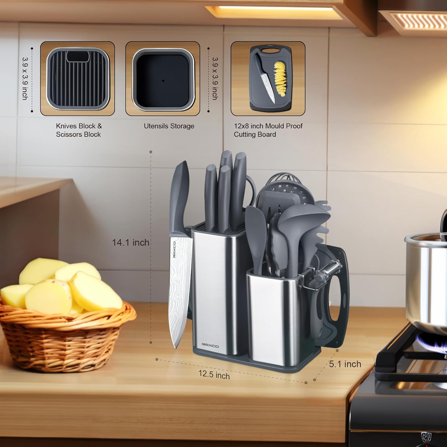 Set de Cuisine RAXCO 18 Pièces — 5 Couteaux Inox + 7 Spatules Silicone + Bloc