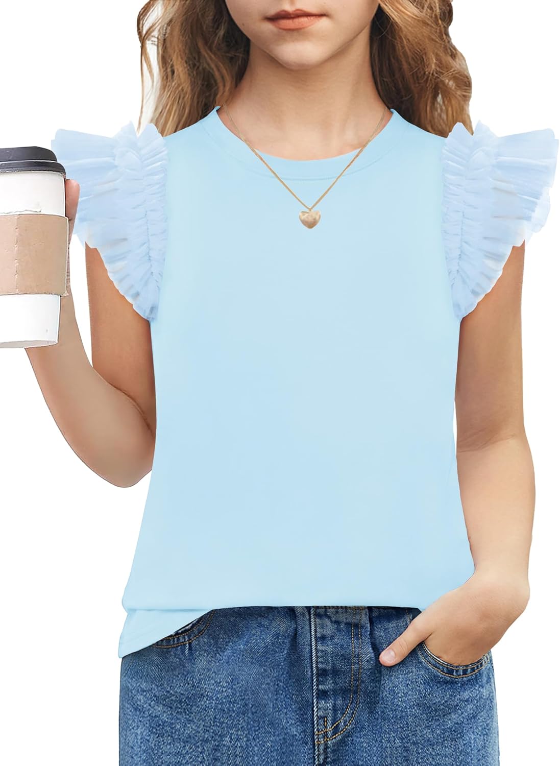 Arshiner T-shirt met kanten mouwen voor meisjes, zomertop, ronde hals, korte mouwen, casual, effen, 5-14 jaar