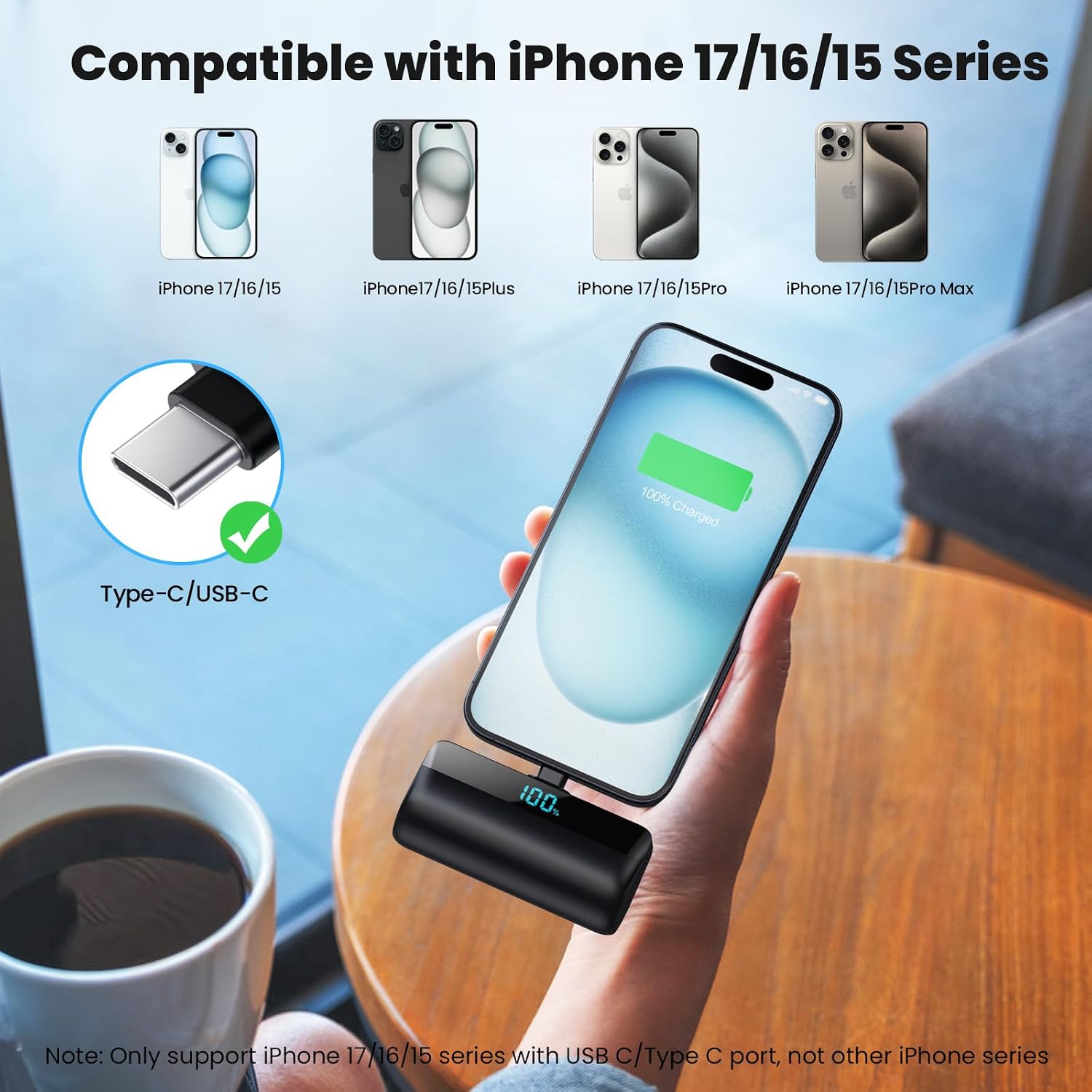 Feob Mini powerbank 5200 mAh voor iPhone 17/16 serie, PD 3A, snel opladen, USB C, powerbank met lcd-display, compatibel met iPhone 17/16/15 Plus Pro Max, Samsung S25/S24, telefoons