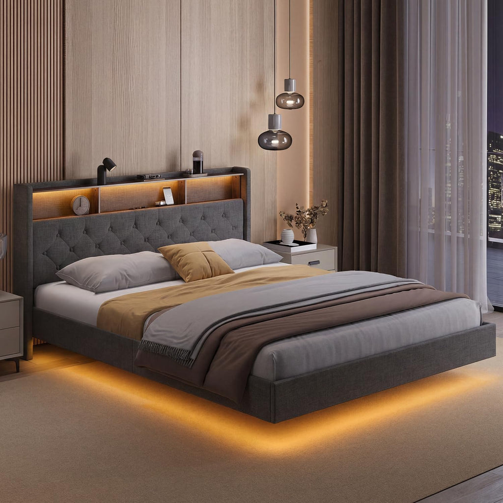 Lit Double 160 x 200 cm avec Éclairage LED & Prise Intégrée – Tête de Lit Capitonnée avec Rangement – Effet Flottant – Beige