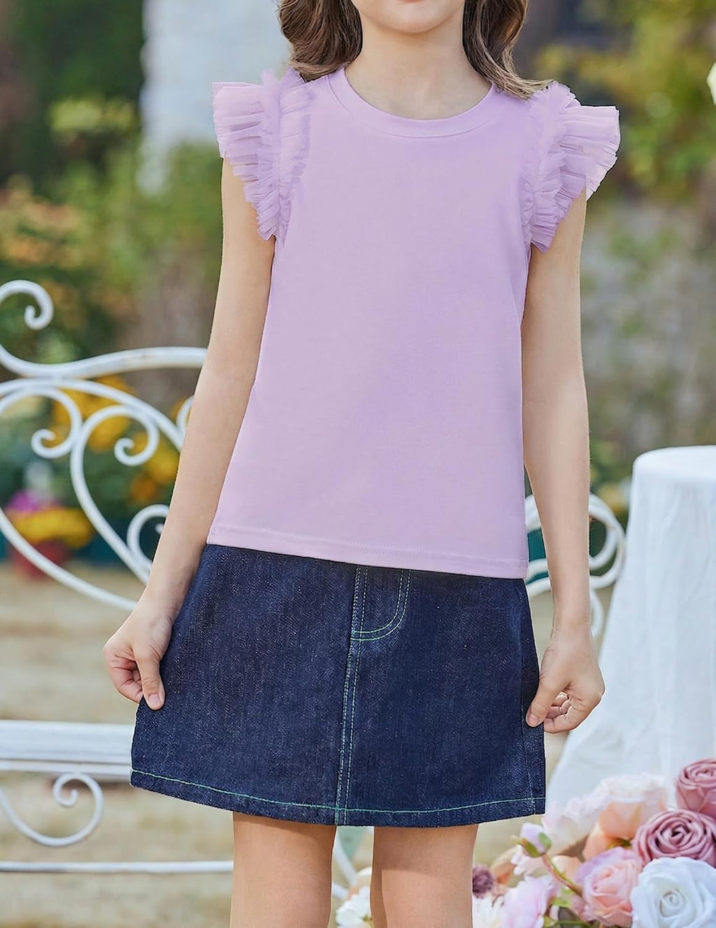 Arshiner T-shirt met kanten mouwen voor meisjes, zomertop, ronde hals, korte mouwen, casual, effen, 5-14 jaar