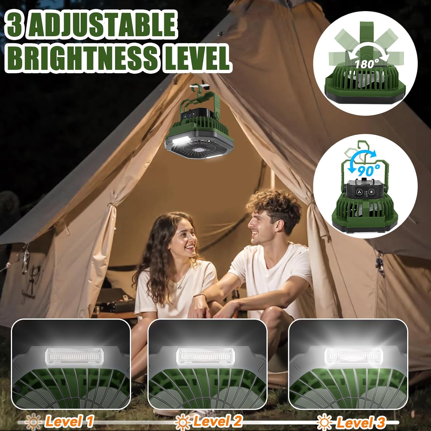 Campingventilator, 7800 mAh, draagbaar, oplaadbaar, met ledlamp, 4 ventilatiesnelheden, met afstandsbediening, voor kamperen in de open lucht, strand en reistenten