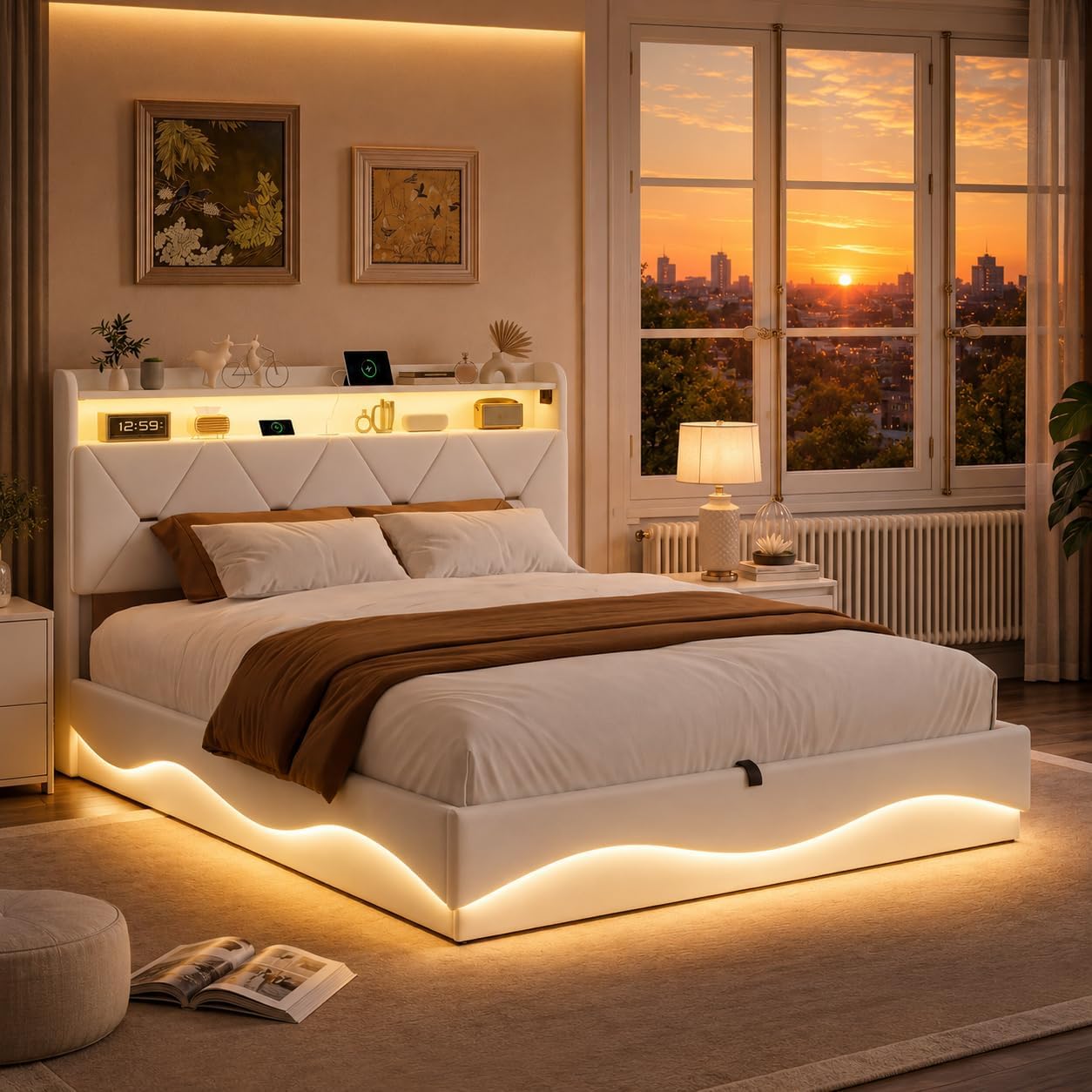 Lit Coffre BRILVERDE | LED RGB & Port USB | Sommier à Lattes | Tissu Lin | 90 à 160 x 200 cm