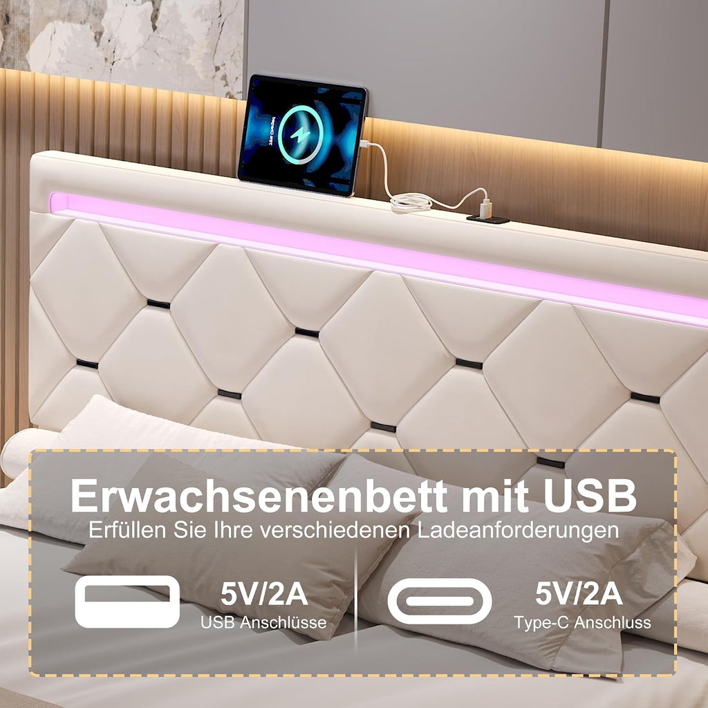 Lit Double 140x200 cm – 4 Tiroirs de Rangement, Éclairage LED +6000 Couleurs & Tête de Lit Réglable en PU