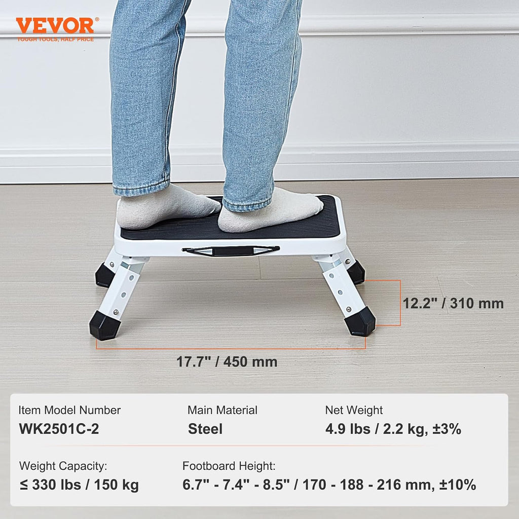 VEVOR Ladder met 1 treden, capaciteit 150 kg, opvouwbare ladder van staal, 3 verstelbare hoogtes, draagbare trapladder voor peuters voor volwassenen, robuuste antislip trapladder voor kantoor, camper