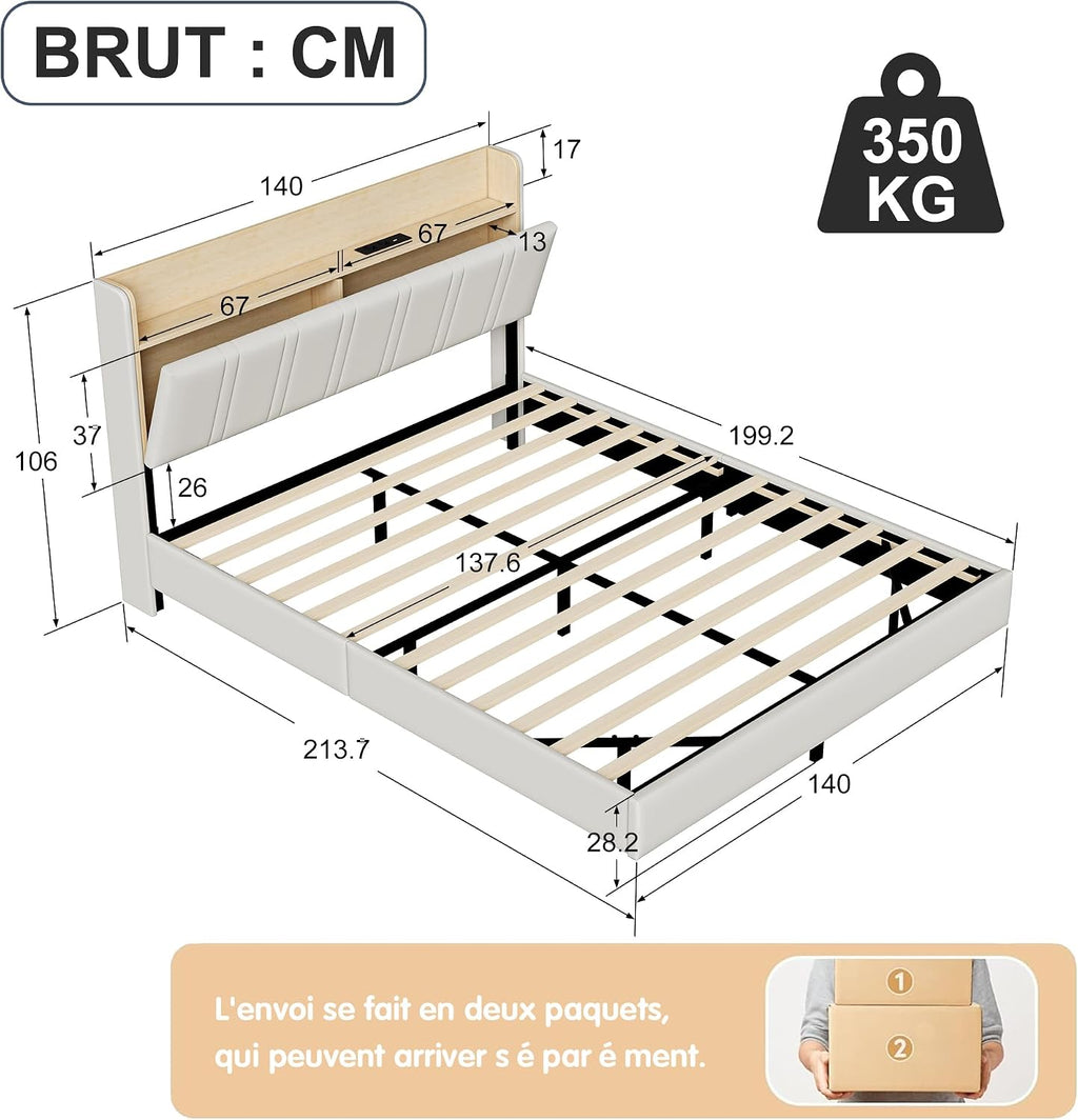 Lit Coffre LED RGB & Port USB | Rangement Hydraulique | Tête de Lit Rembourrée avec Étagères | 90 à 160 x 200 cm