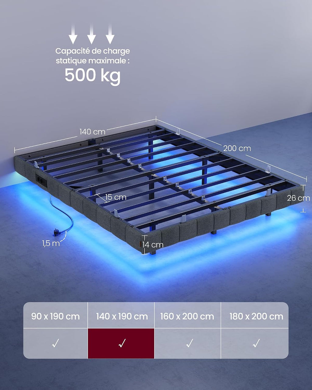 Cadre de Lit 90 x 200 cm avec Lumières LED & Prise Intégrée – Effet Flottant – Gris Ardoise – Charge 250 kg