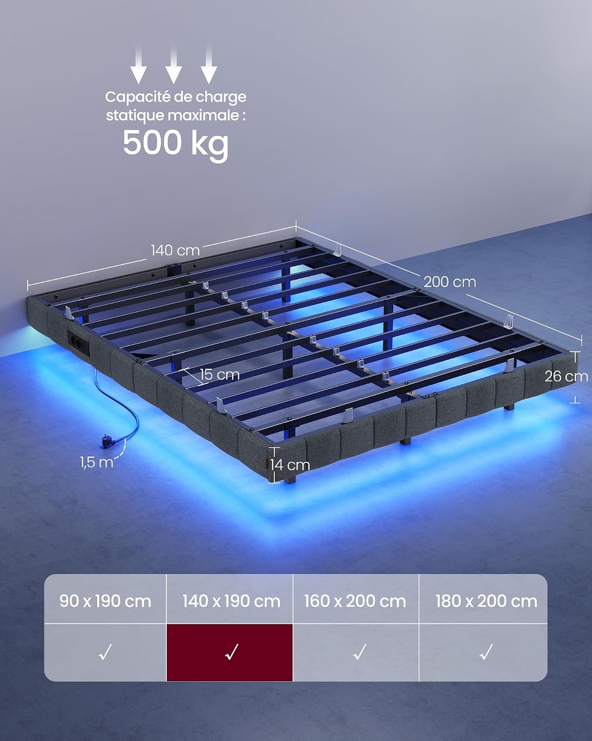 Cadre de Lit 90 x 200 cm avec Lumières LED & Prise Intégrée – Effet Flottant – Gris Ardoise – Charge 250 kg